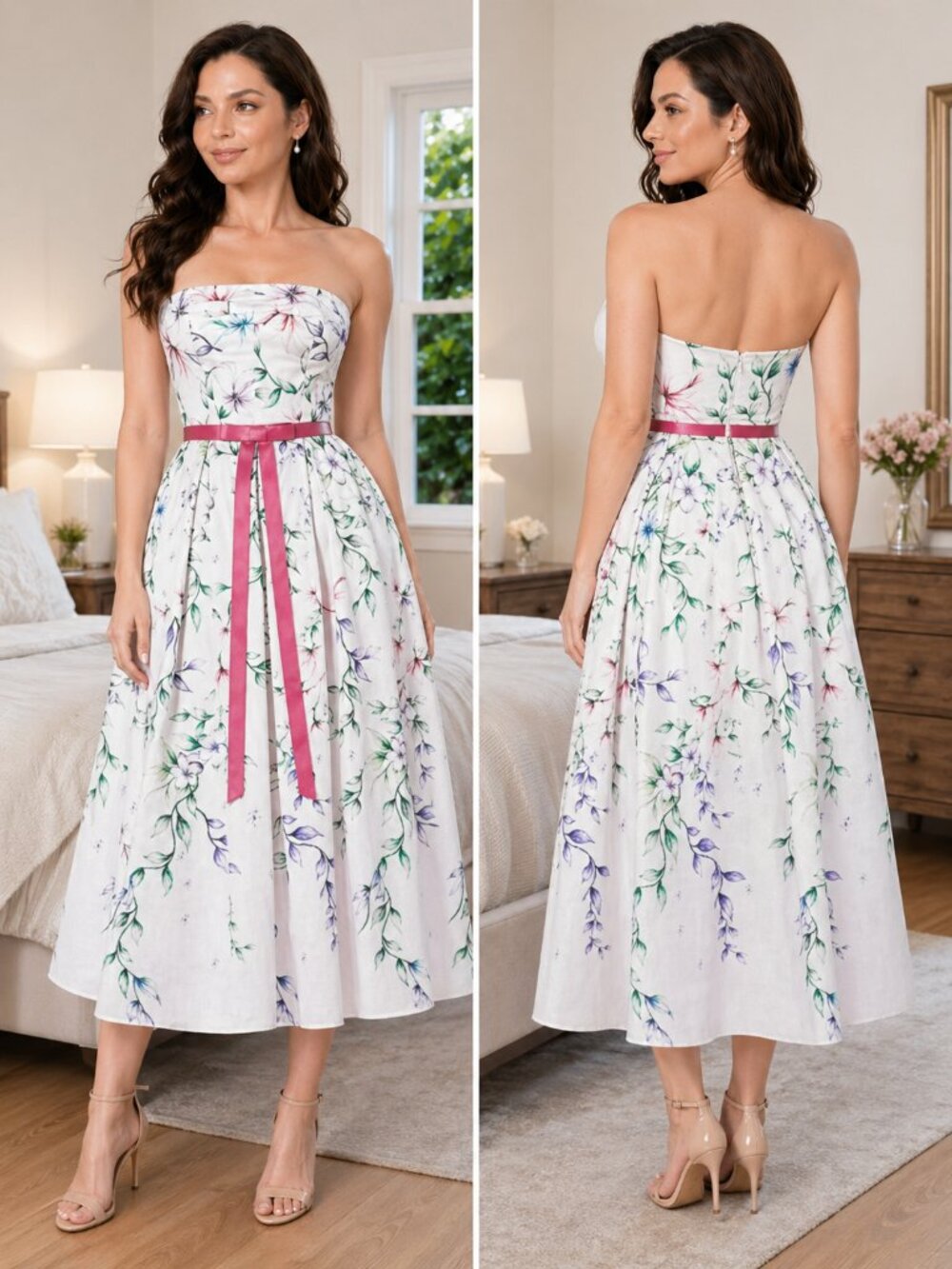 NWT Marchesa Notte Strapless White Pink Midi Gown $995
